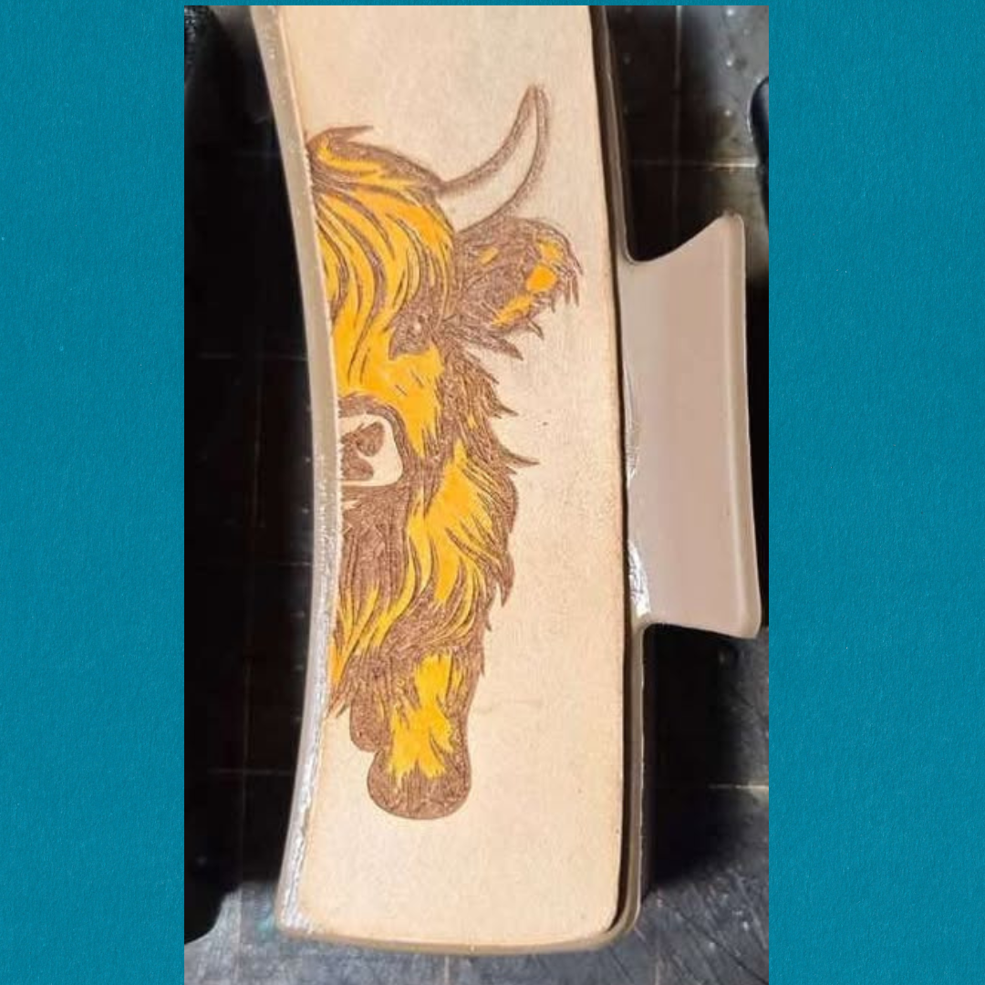 Handcrafted Highland Cow Hair Clip by Diamond K Leathers. Unique leather design 4" clip
