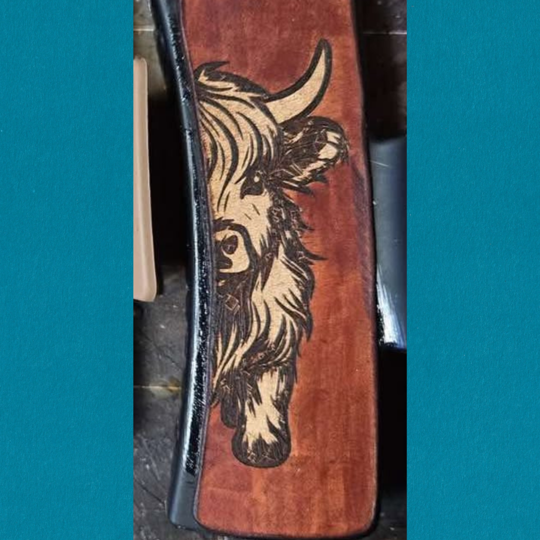 Handcrafted Highland Cow Hair Clip by Diamond K Leathers. Unique leather design 4" clip