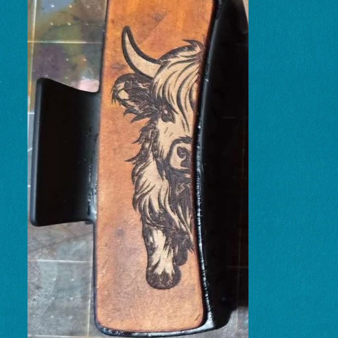 Handcrafted Highland Cow Hair Clip by Diamond K Leathers. Unique leather design 4" clip