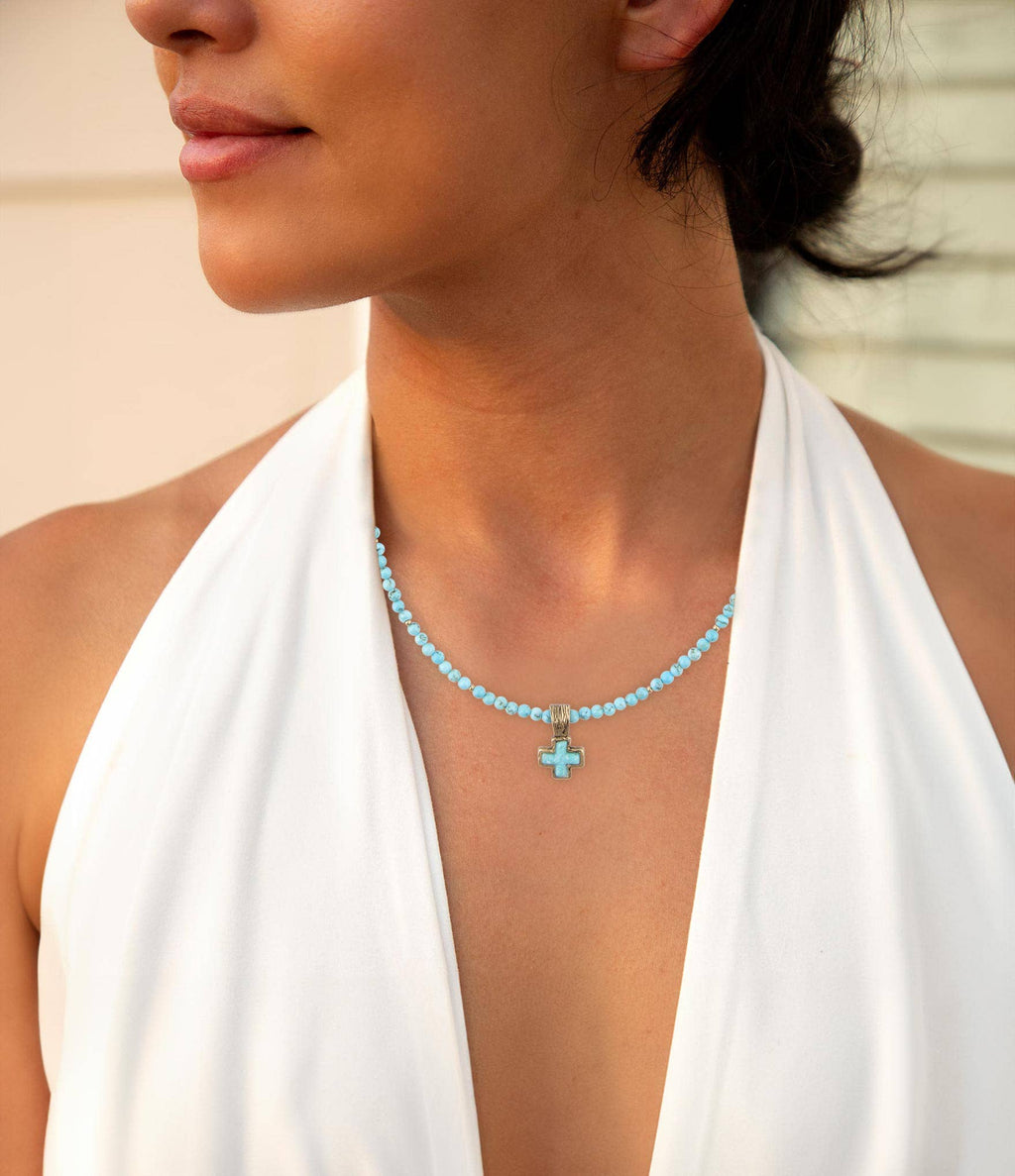 Blue Magnesite Cros Golden Pendant Necklace