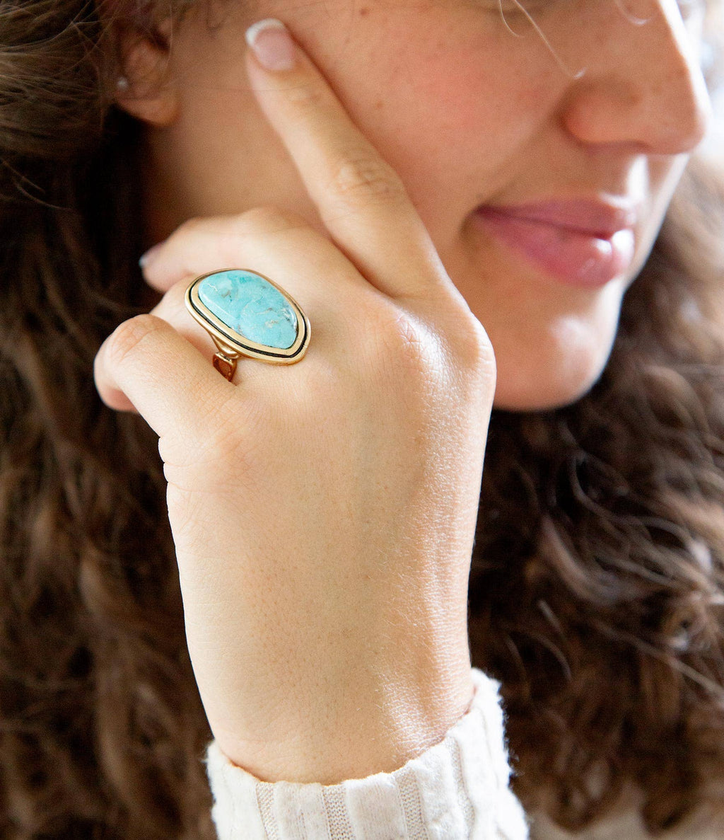 Blue Turquoise Golden Statement Ring Size 9