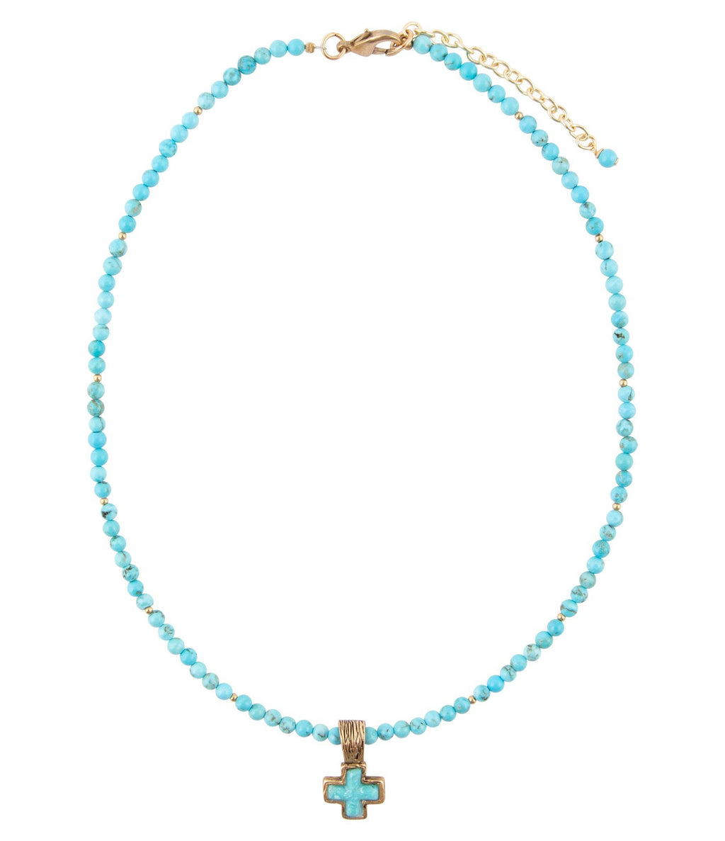 Blue Magnesite Cros Golden Pendant Necklace