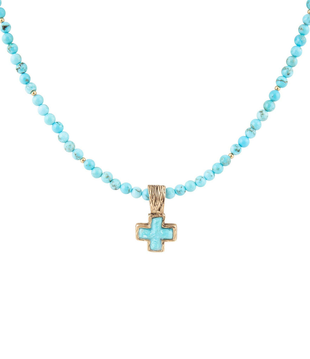 Blue Magnesite Cros Golden Pendant Necklace