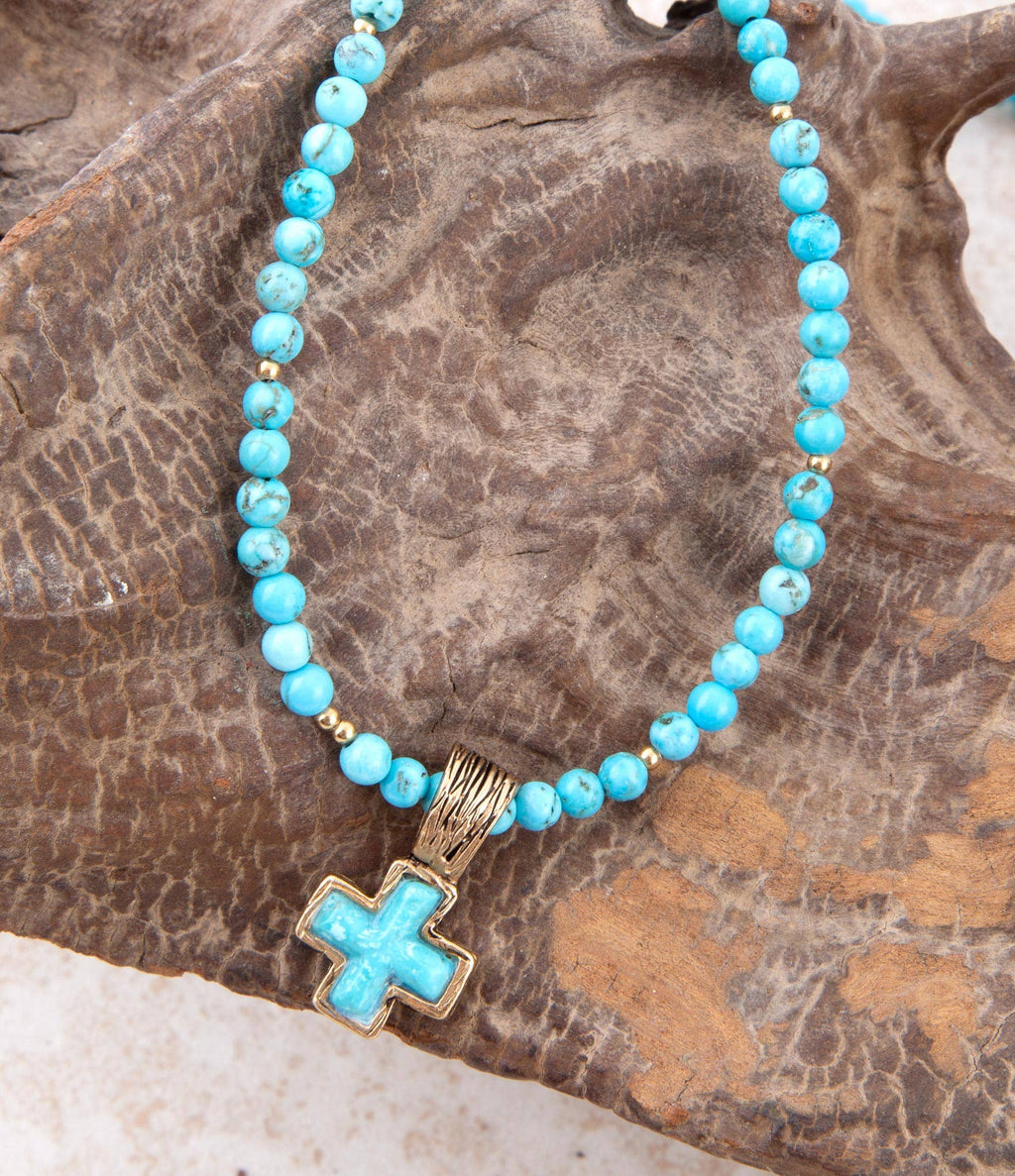 Blue Magnesite Cros Golden Pendant Necklace